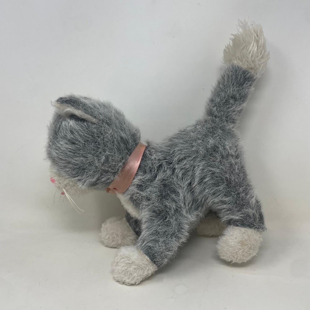 Vintage Grey White Plush Kitten Stuffed Animal Pink Ribbon Green Eyes Standing - Picture 3 of 6